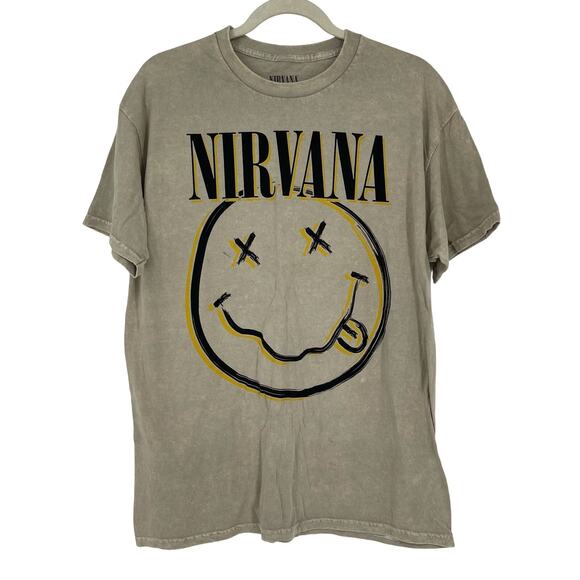 Officially Licensed Nirvana Nevermind Smiley Grunge Tee Beige Acid Wash Large - Picture 3 of 5